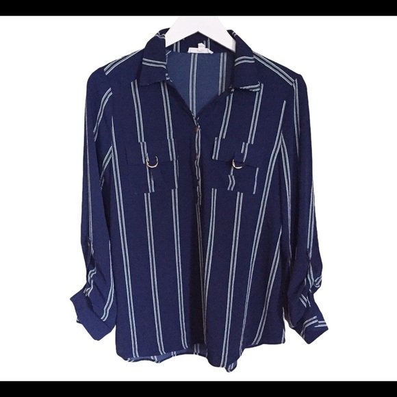 MINE Pinstripe Button Down Blouse With Adjustable Sleeve Length Navy Blue Size M - Picture 5 of 10